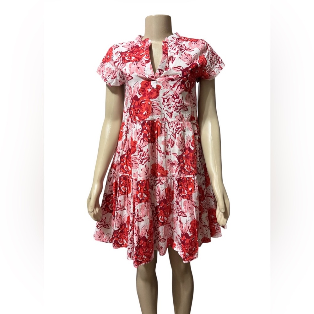 NWT Jude Connally Maddie Dress Size L Painted Blooms Red Floral Tiered Cotton